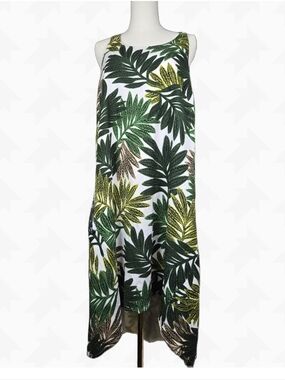 Ashley Stewart Linen Blend Tropical Leaf Print Halter Midi Sundress Size 14